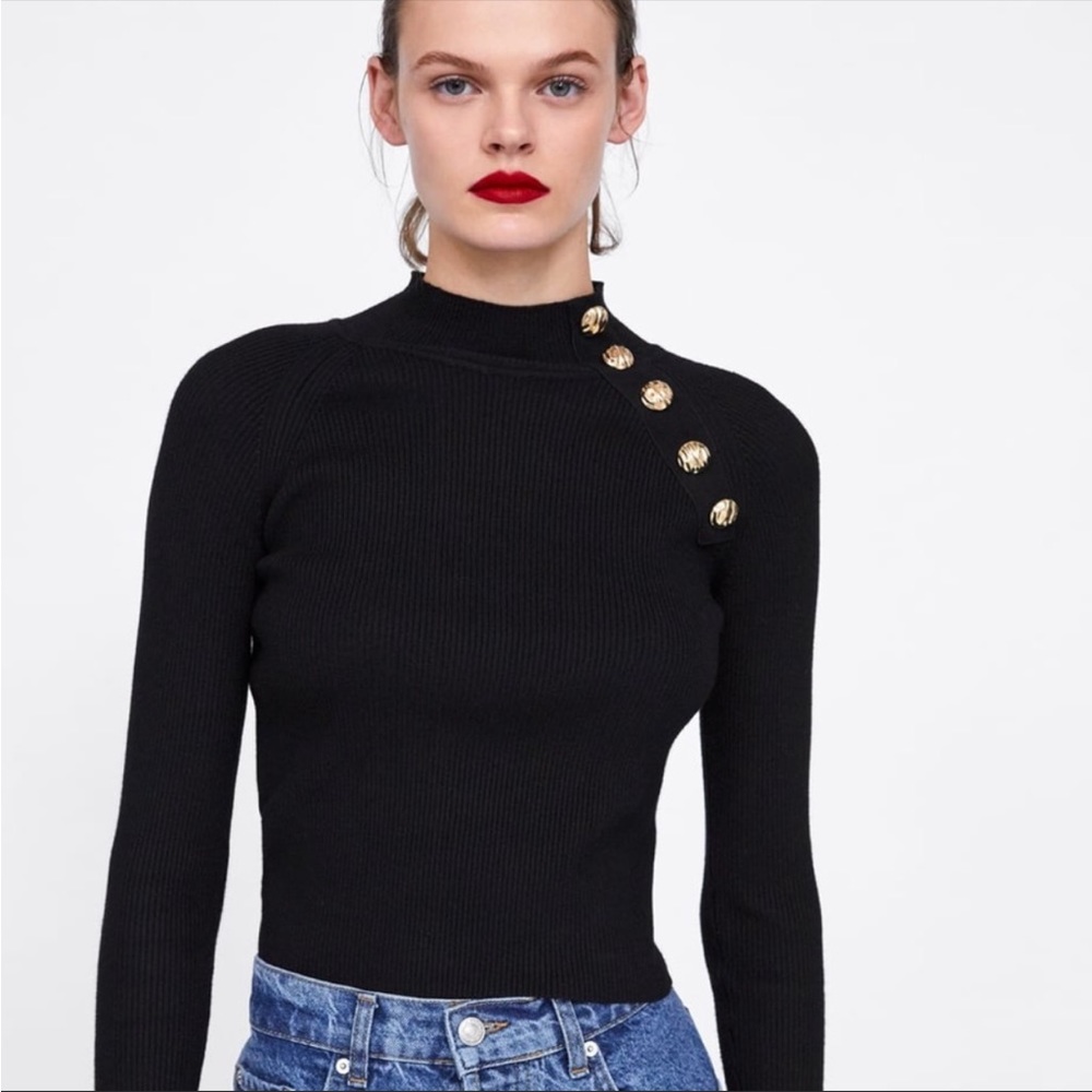 Zara asymmetric gold button sweater